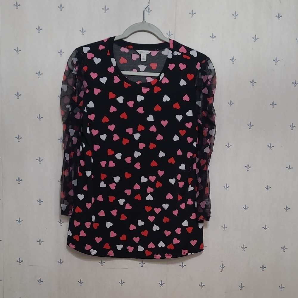 Heart Patterned Black Top with Sheer Sleeves
